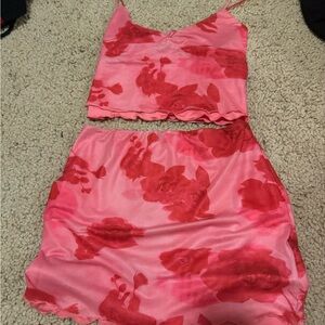 SHEIN Pink and Red Floral Skirt Set